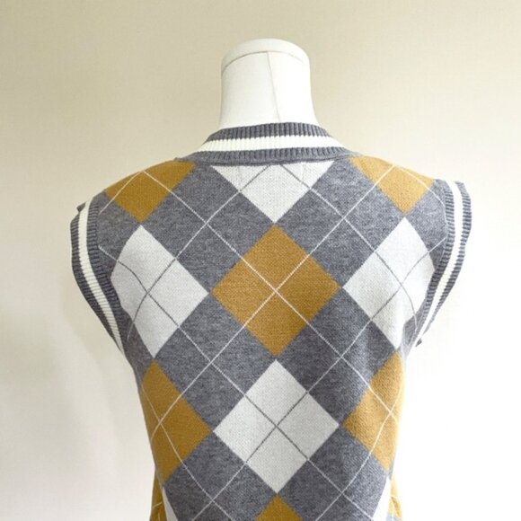 Sweater Knit Vest Dress Argyle V Neck Womens S Academia Preppy Y2K Schoolgirl - Picture 6 of 10